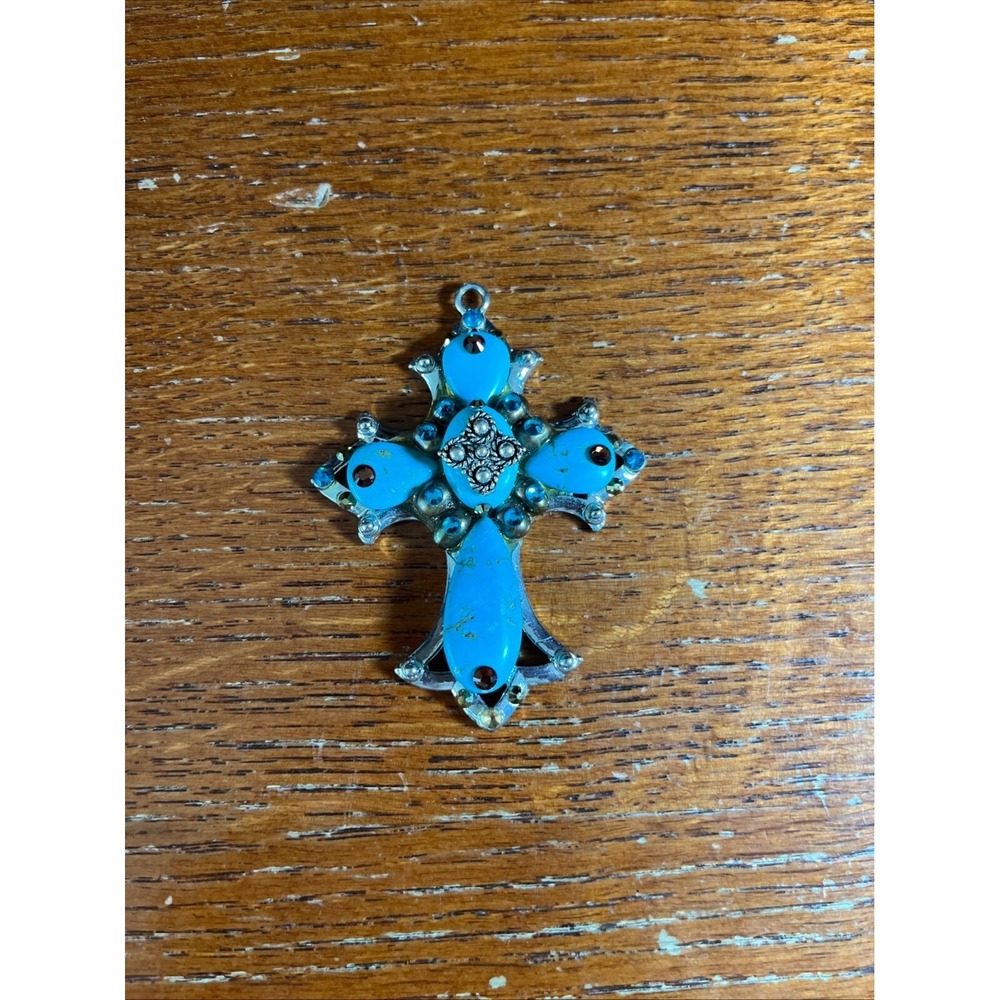 Vintage Turquoise Blue Silver Tone Cross Pendant Boho Crucifix 2.5"x3" Retro